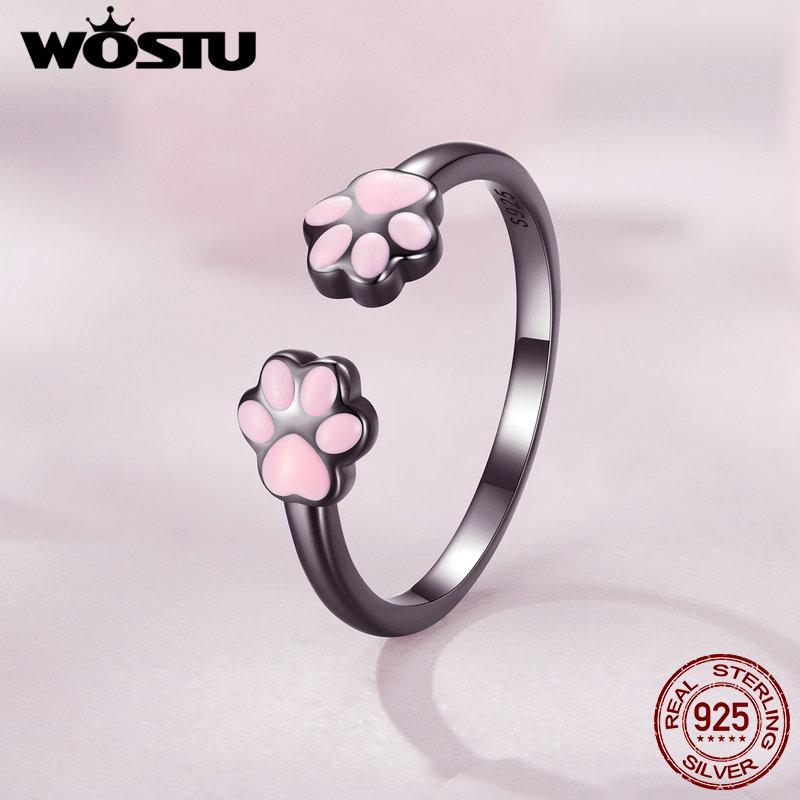 WOSTU 925 Sterling Silver Black Cat Claw Open Rings Size 6-9 Cute Pet Finger Ring for Women Party Original Fine Jewelry
