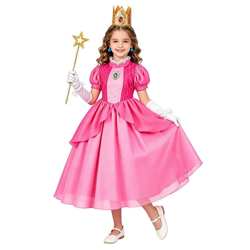 Princess Peach Dress Girls Birthday Party Costume Peach Princess Dress Cosplay Outfit for Kids