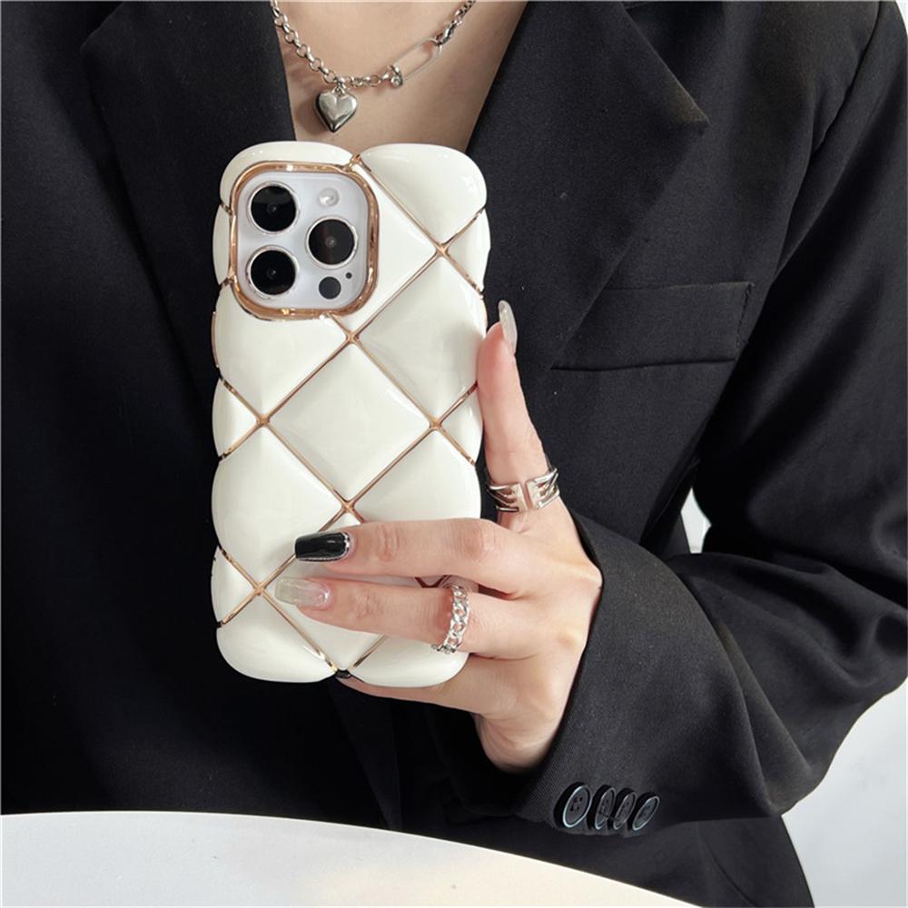 3D Luxury Diamond Lattice Air Cushion Color Plating Phone Case For 11 12 13 14 15 Pro Max Puffer Shockproof Back Cover