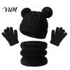 Cozy Fleece Lined Winter Gift Kids Warm Knit Set, Bear Ear Hat, Neck Gaiter & Boys Girls Thermal Full Finger Gloves, Thick Cold Weather Outdoor