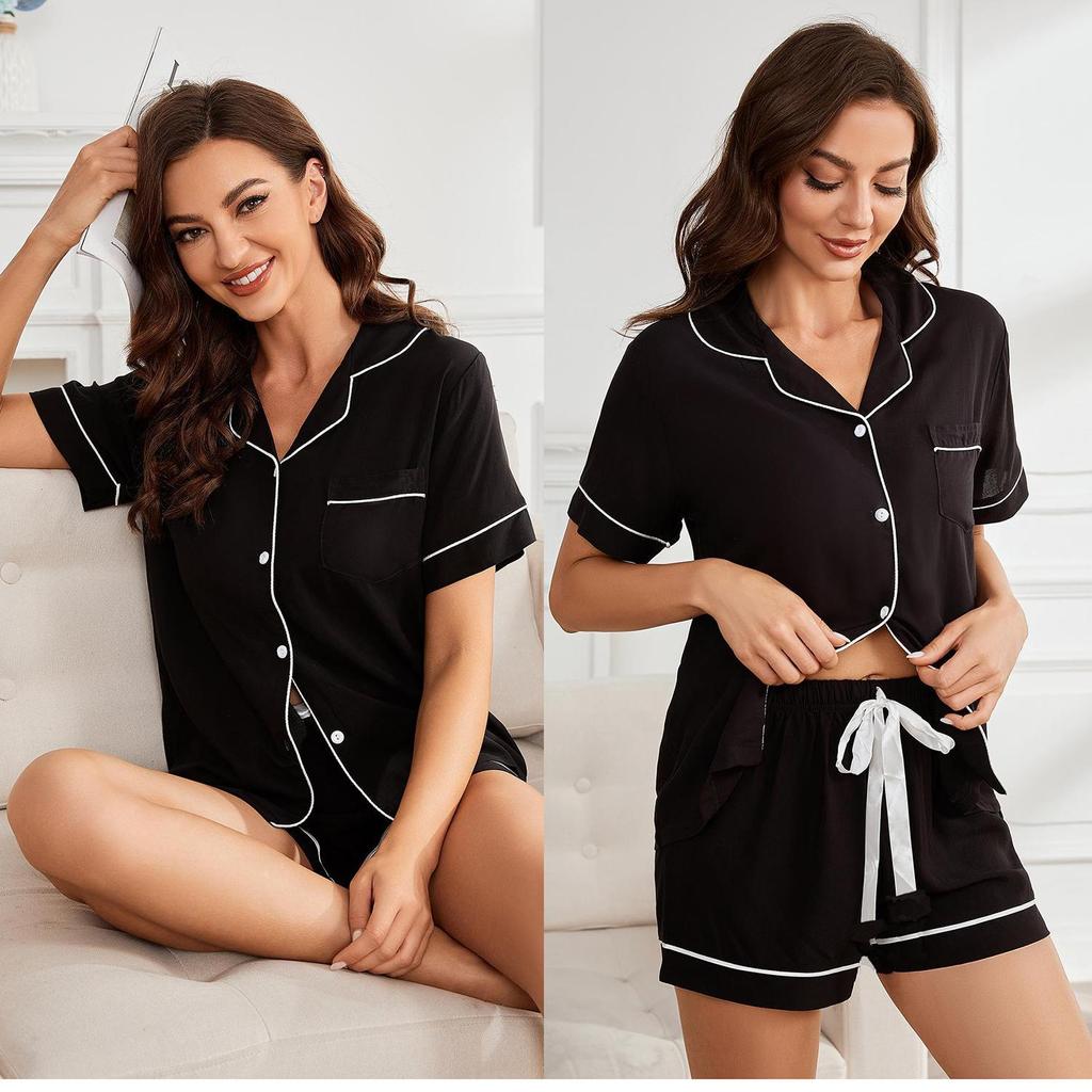 Women’s Sleeping Suits Rayon Short Sleeves Pajamas Button Up Piped Shirt and Shorts 2 Pieces Set Summer Home Night Sleep Casual Lounge Wear