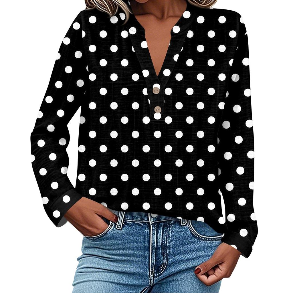 Women's Fashionable And Casual Shirt Long Sleeve V-neck Button Printed Blouse Top