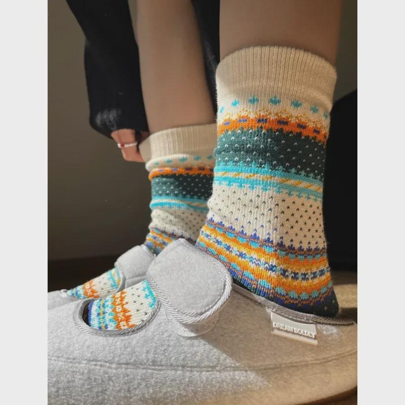 Женские носки средней длины цвета хаки Fair Isle - легкие роскошные носки в стиле ретро и этническом стиле