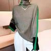 Autumn and Winter Design Sense Lazy Loose Contrasting Color Sleeves Full Imitation Wool Turtleneck Knitted Sweater Women's Autumn and Winter