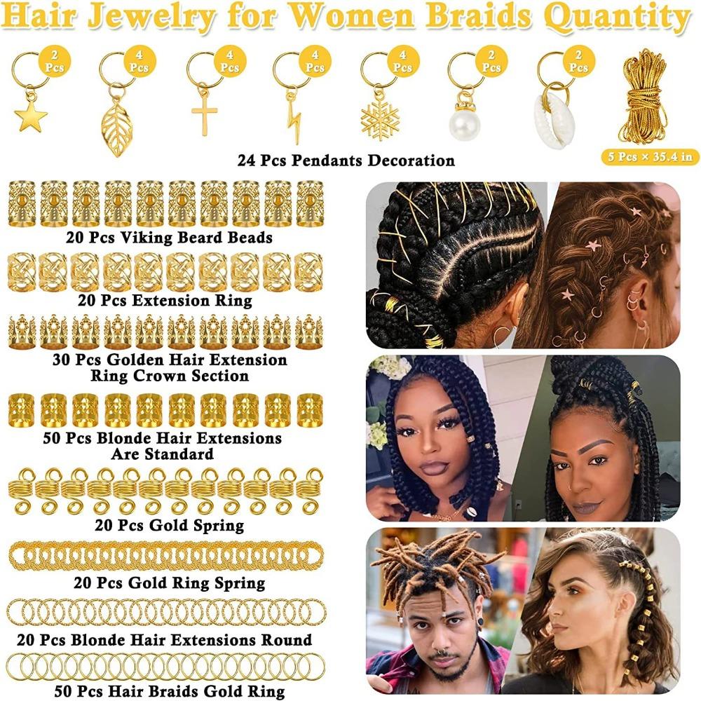 259pcs Gold Hair Ring Hair Cuffs Clips Mixing Braiding Hair Strings  for Women Girls