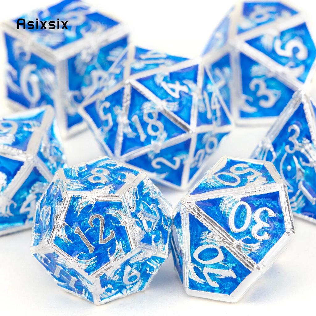 7 Pcs Silver Blue Hand Metal Dice Solid Metal Polyhedral Dice Set Suitable for Role-Playing RPG  Board Game Card Game