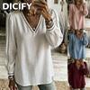 Модные женские повседневные блузки и рубашки DICFY с длинным рукавом и V-образным вырезом, Осень-Зима