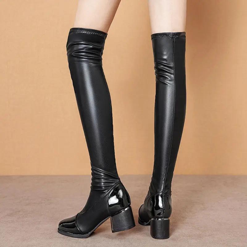 Elastic Ladies Knee High Shaft Shoes Heels Leather Women's Long Boots Elegant Heeled Spring Autumn Y2k 2024 Chic Large Size Warm