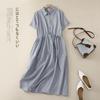 2025 лето новый однотонный хлопок и лен рубашка юбка женская ретро кулиска на талии воротник поло с коротким рукавом платье женское