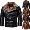 Leather Jacket Men Winter Fleece Motorcycle Faux Leather Jacket Removable Fur Collar Windbreaker  Slim Coat