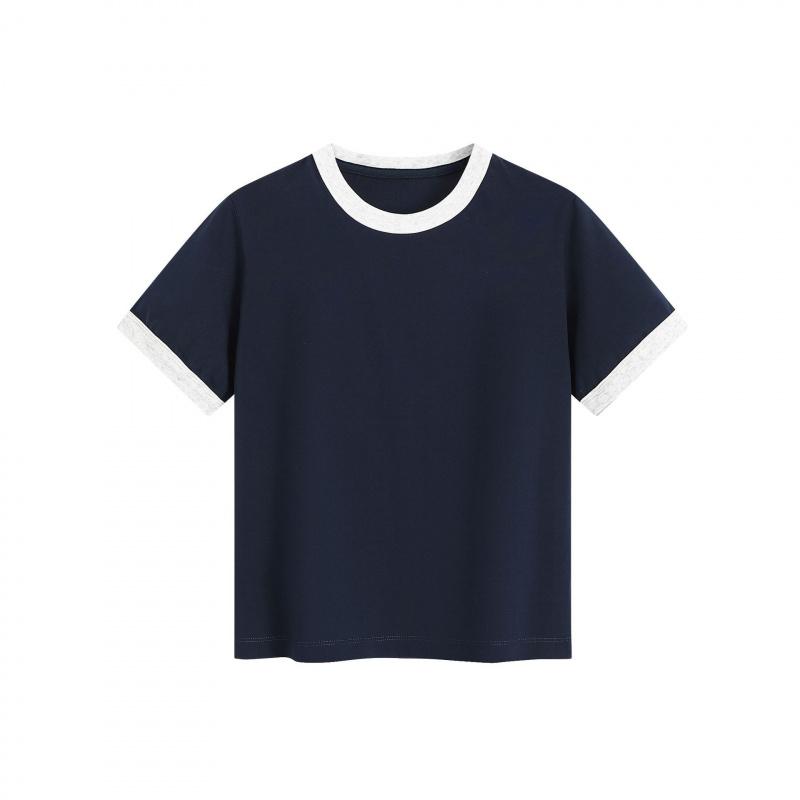 Heavyweight color-blocked round-neck women's simple versatile short-sleeve T-shirt, regular shoulder, cropped slim-fit top