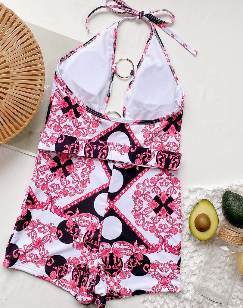 Сексуальный женский купальник, модное бикини с принтом и полым шейным ремешком, цельное бикини, пляжная одежда