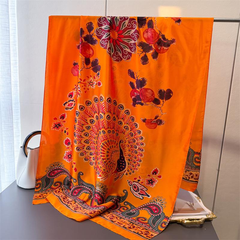 Spring and Summer Thin Peacock Simulation Silky Brocade Fashion Silk Scarf Long Scarf Silky Print Shawl Versatile Headscarf Scarf