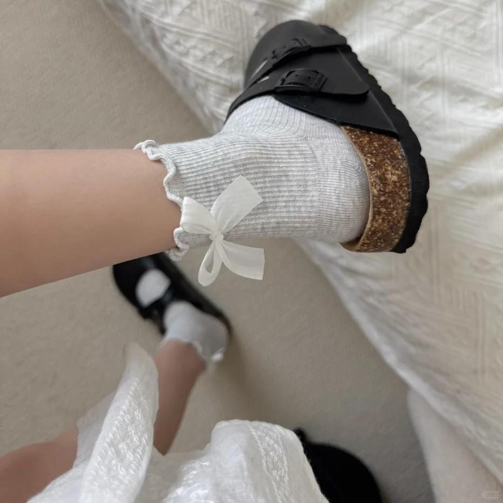 Mid-Calf Bowknot Cotton Socks - Solid Color, Ruffle Edge, Bubble Top, European & American Style Women's JK Socks