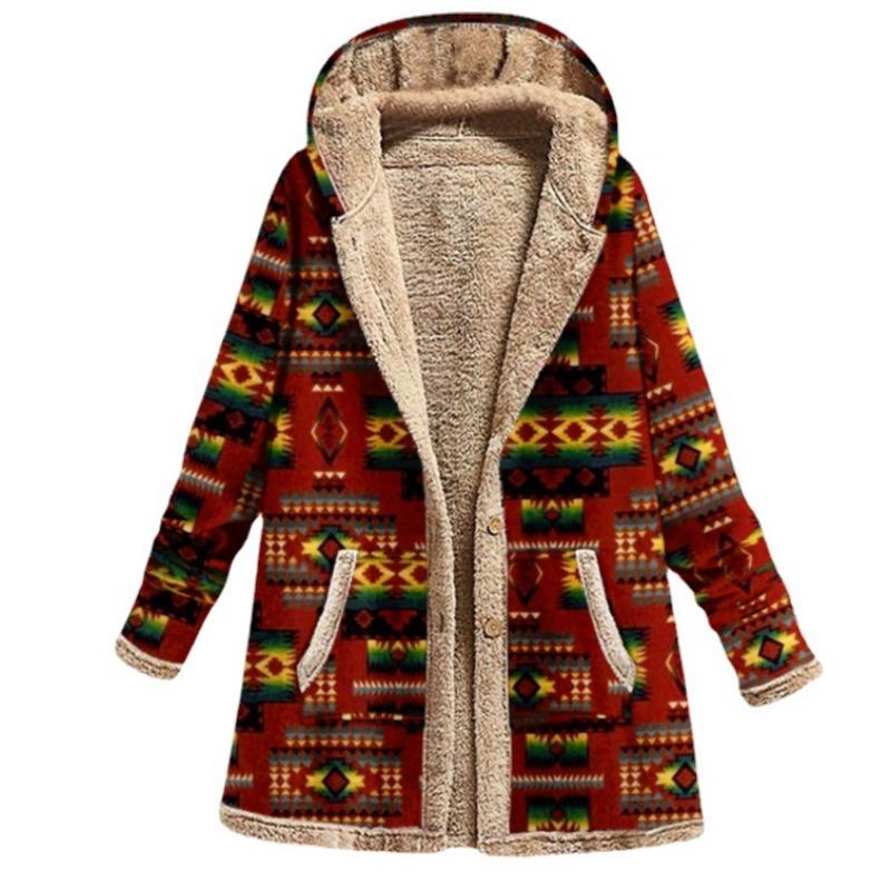 Casual Women Warm Outwear Retro Printed Pockets Zipper Hooded Long Sleeve Thicker Coat Plus Size