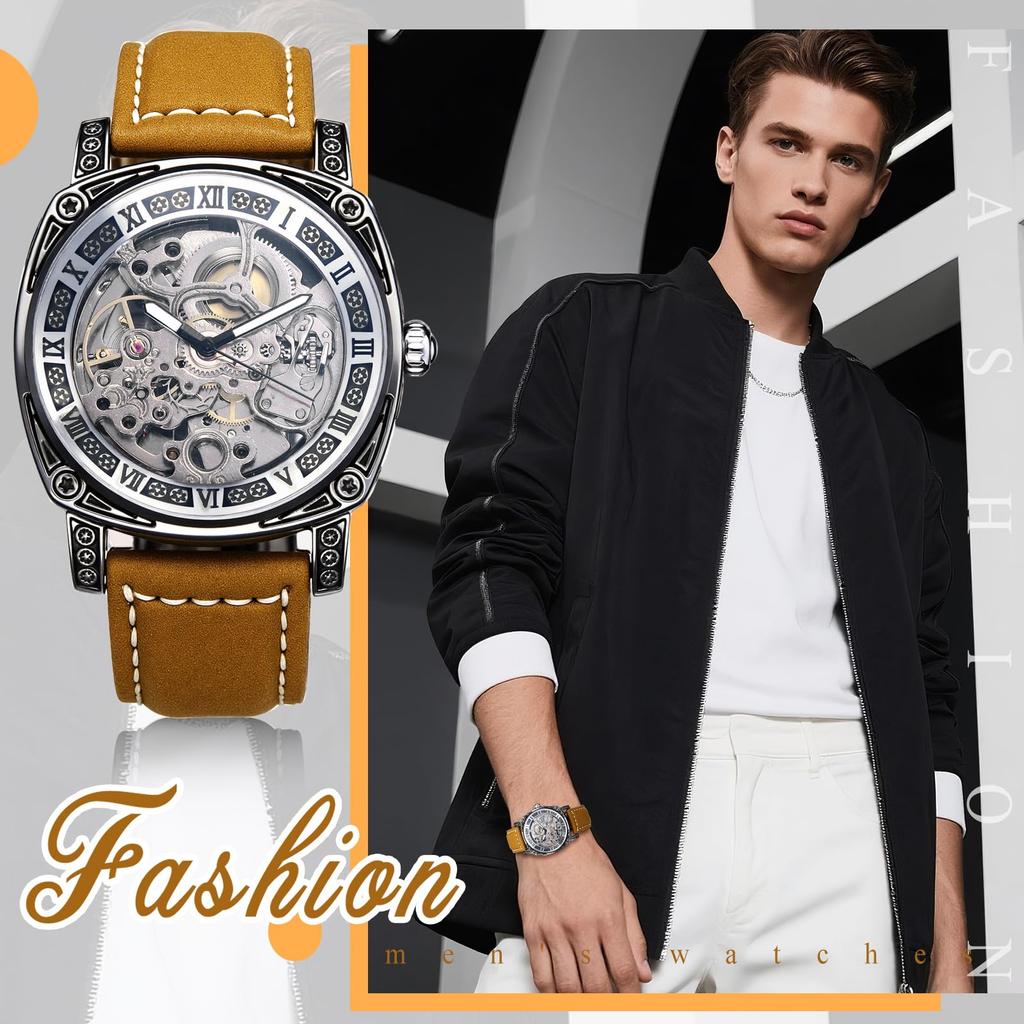 Automatic Skeleton Watch with Genuine Leather Roman Analog 3ATM Water Stylish Accessory for Leisure and Business Perfect Gift for and Day Men's Strap