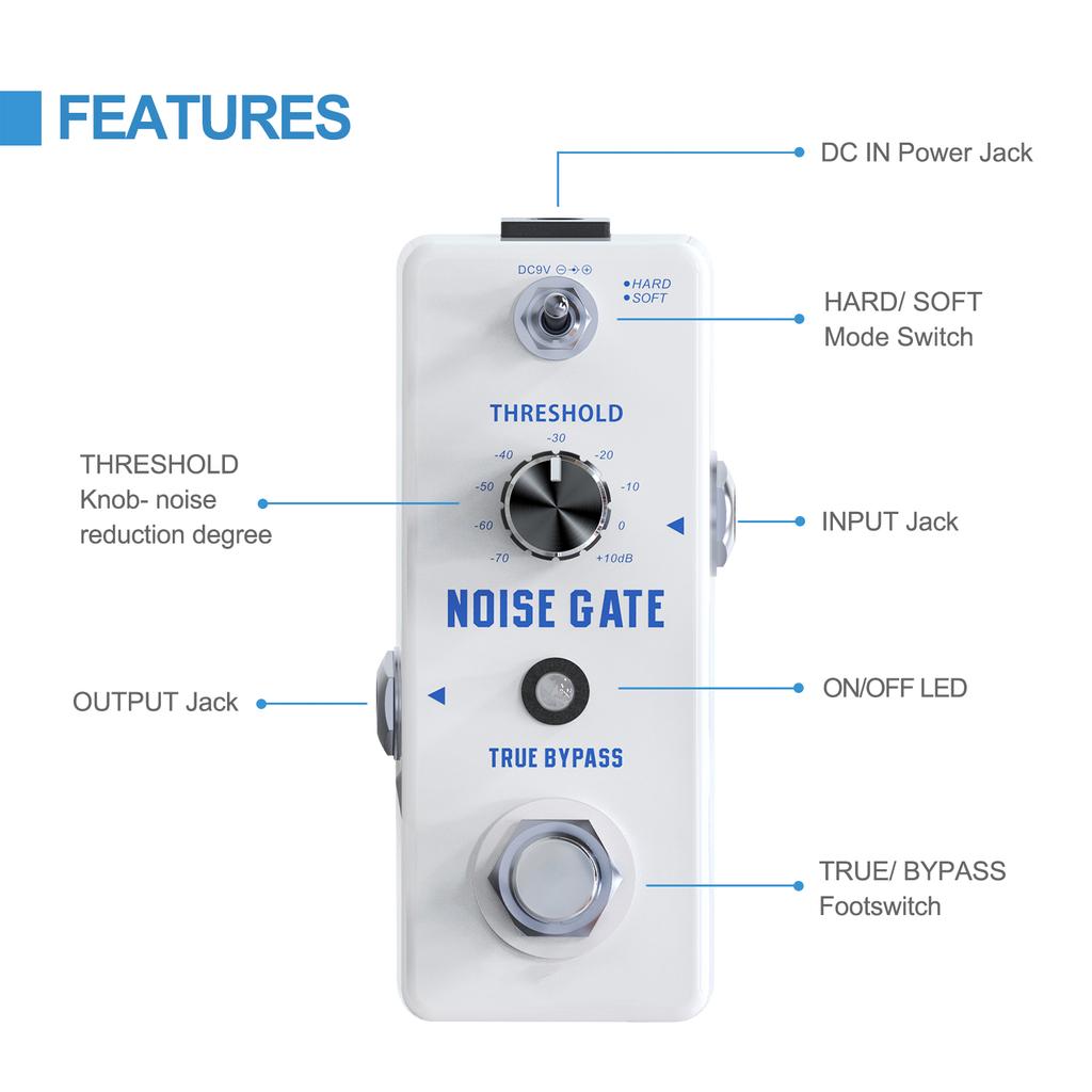 NOISE GATE Noise Reduction Guitar Effect Pedal 2 Modes(Hard/Soft) Full Metal Shell True