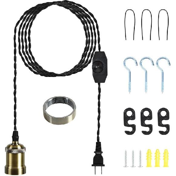 Plug in Pendant Light Cord hanging light kit with dimmer switch,Farmhouse Hanging Lights19.69 ft power cord length,Hemp Rope Plug in black Hanging