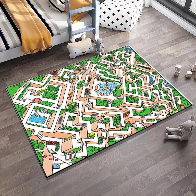 Colorful Patterned Maze Carpet with Fountain Center and Green Hedges Suitable for use as an anti-slip for living room bedroom sofas