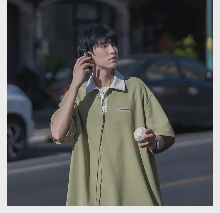 Мужская рубашка-поло в японском стиле в стиле ретро, контрастного цвета, плотная, свободного кроя, короткие рукава