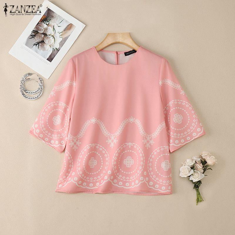 ZANZEA Женская повседневная блузка с круглым вырезом и рукавом 3/4 с принтом