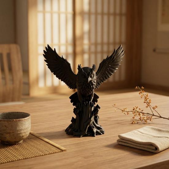 3D Printed Resin Statue Owl on Tree Stump Figurine, Animal Sculpture, Collectible Personalized Entryway Accent Dark Ornament for Home Office