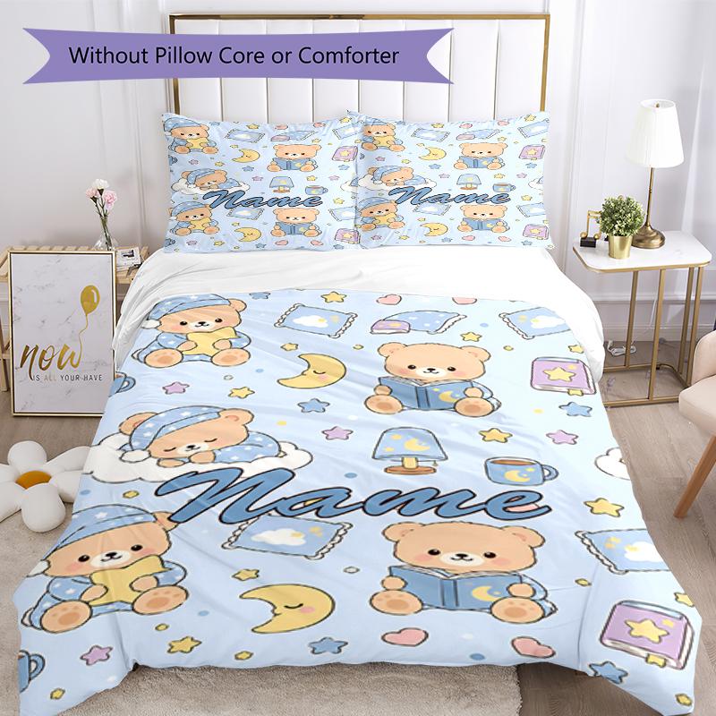 3pcs Custom Name Bear Bedding Set Duvet Cover Closure Includes 1 Duvet Cover & 2 Pillowcases, Soft and Comfortable for All Seasons.