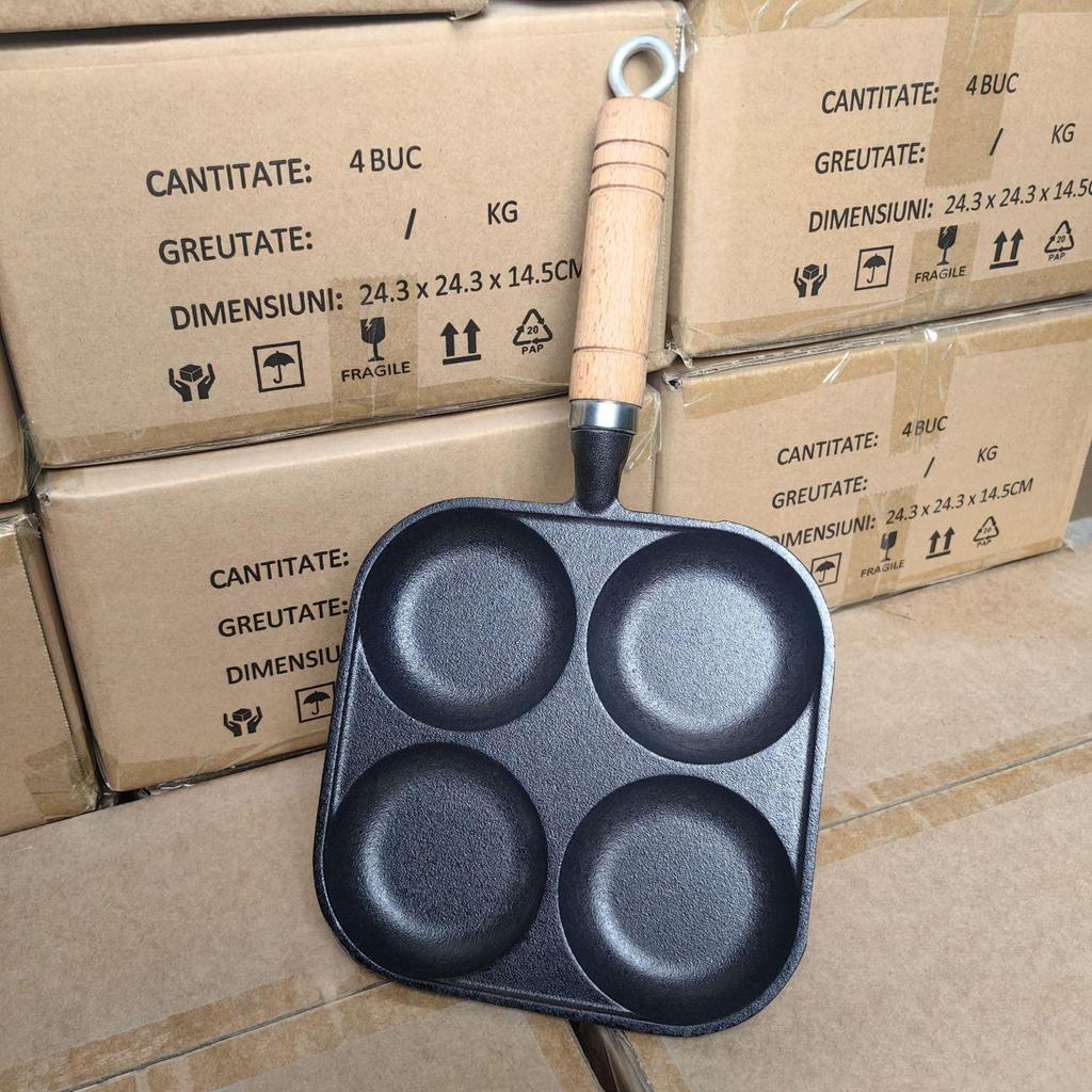 Cast Iron Four-Hole Omelette & Egg Frying Pan - Non-Stick Mold for Hamburgers & Dumplings