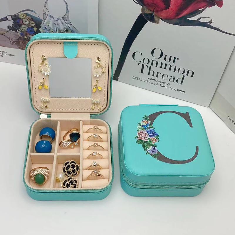 [Letter Blue] Portable Mirror PU Letter Storage Box Earrings Earrings Necklace Box