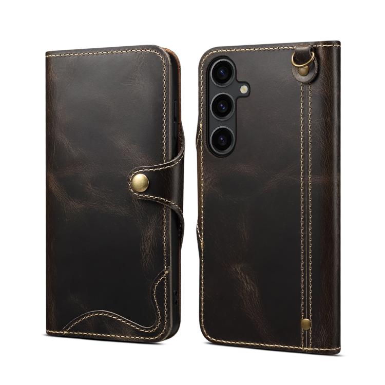 Oil Wax Cowhide Magnetic Button Genuine Leather Case For Samsung Galaxy S26 Ultra 5G, Retro Wallet Card Slot Stand Protective Phone Cover