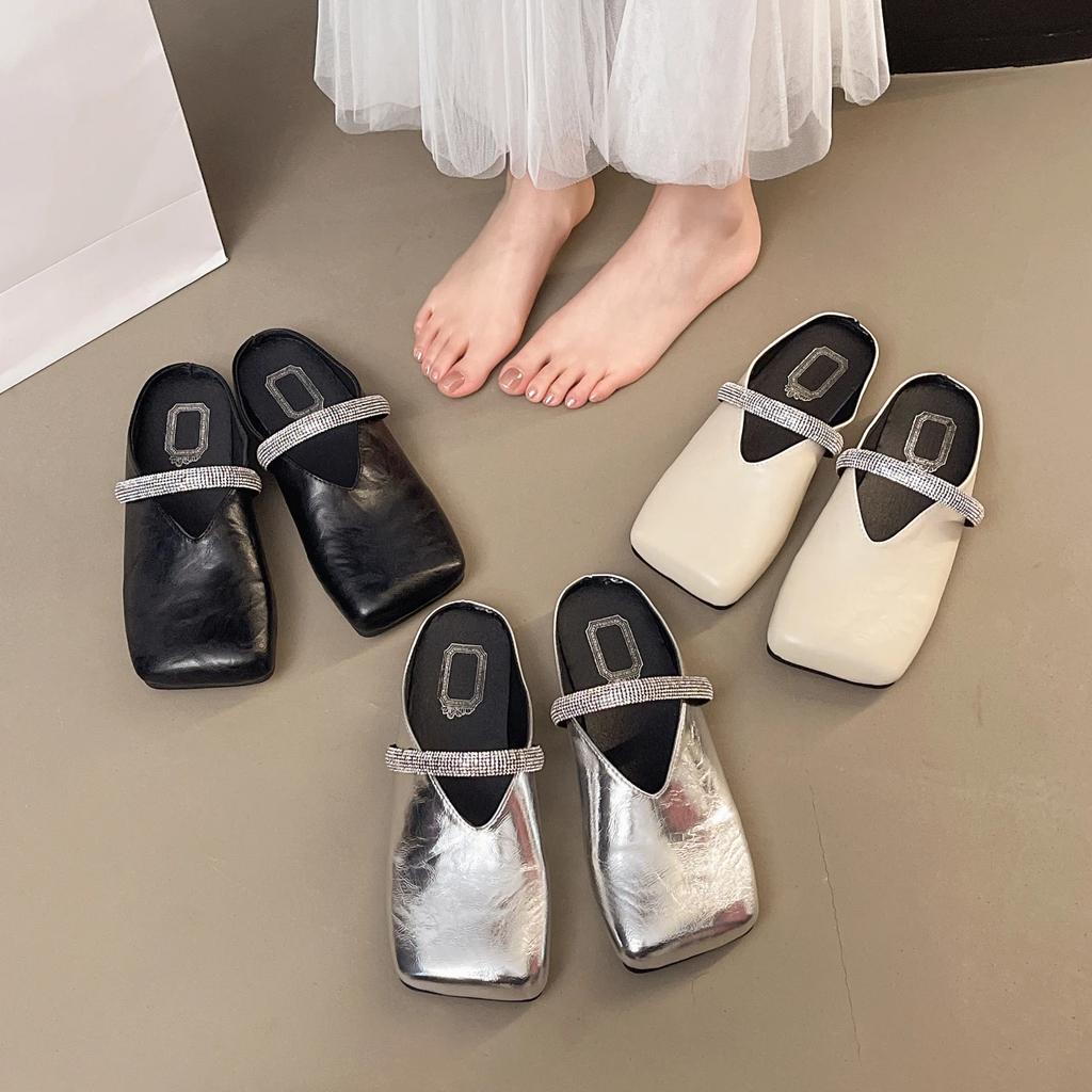 Fashion Bowknot Pearl Flat Bottom Baotou Half Slippers Women New Summer Shallow Mouth Mary Jane Single Shoes Casual Slides