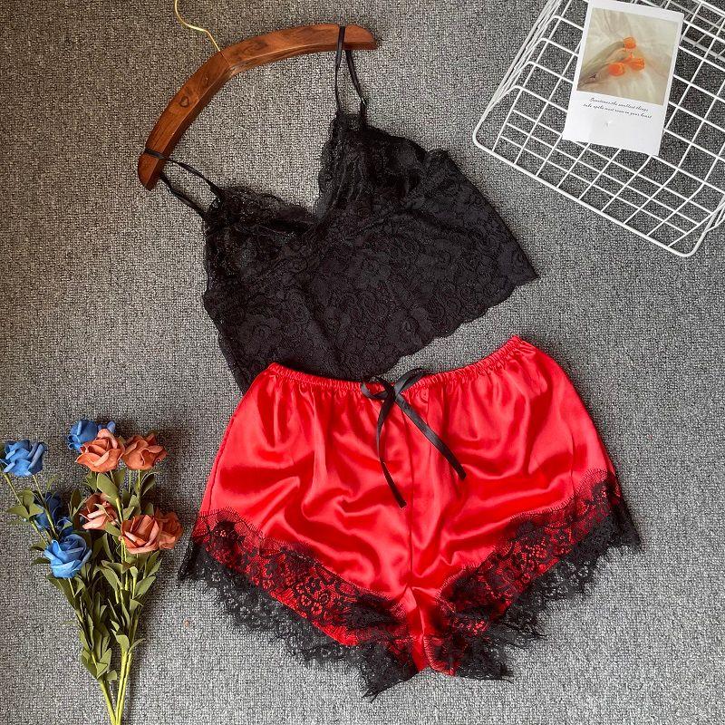 Женский кружевной пижамный комплект Экспорт Сексуальный Элегантный Пуловер Кружевной Без рукавов Кружевные Бретели Пижама