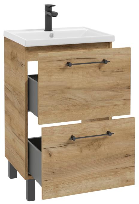 Cassandra Bathroom Cabinet with Sink and 2 Drawers, Floor Standing, Oak Craft