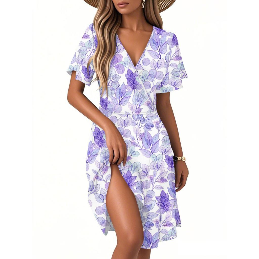 Женское повседневное модное платье с винтажным цветочным принтом и коротким рукавом и V-образным вырезом