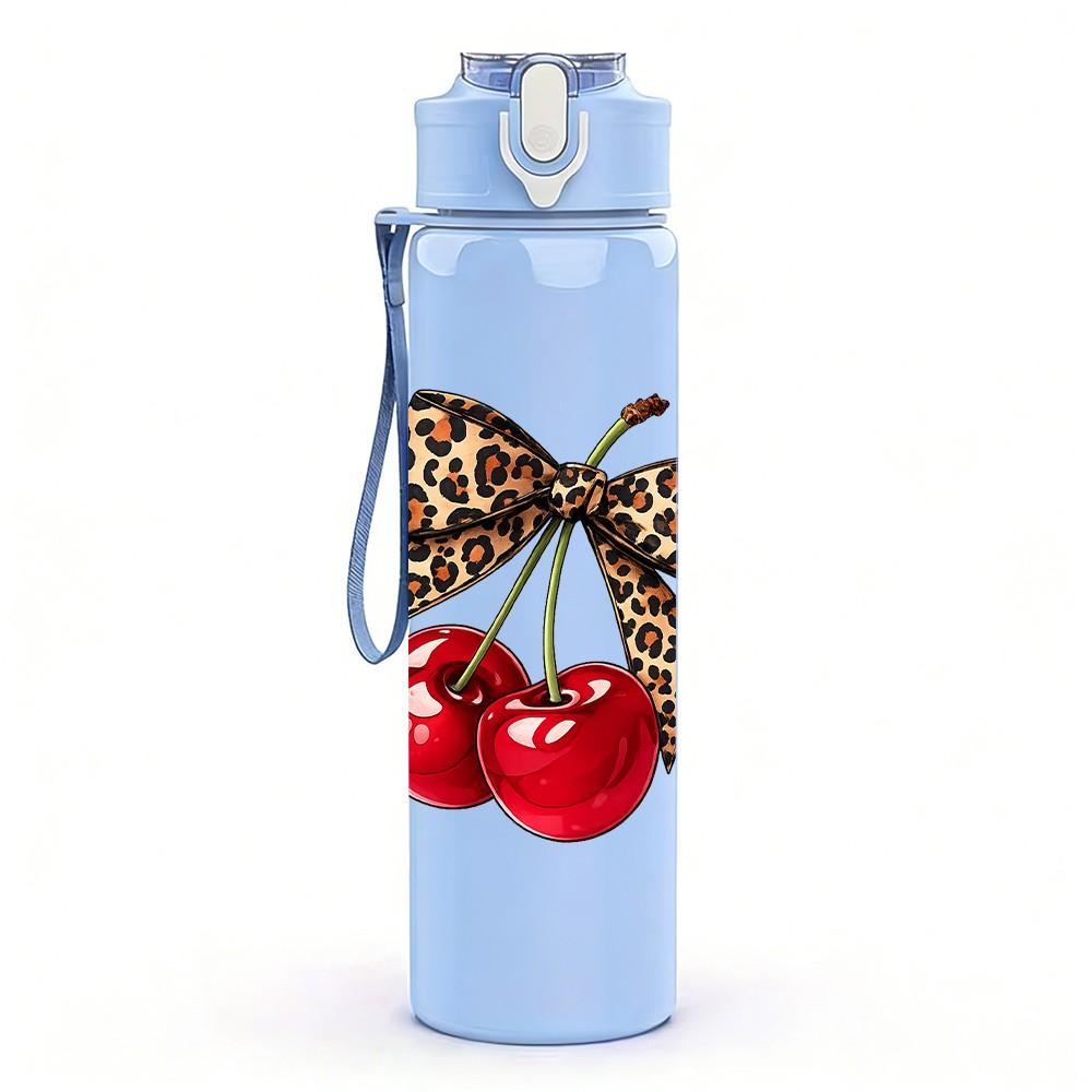 1PC Bow Decor Red Cherry Fruit Print 750ml Color Plastic Sports Water Bottle Leakproof Flip Straw Lid Suitable for Sports Office Home Use