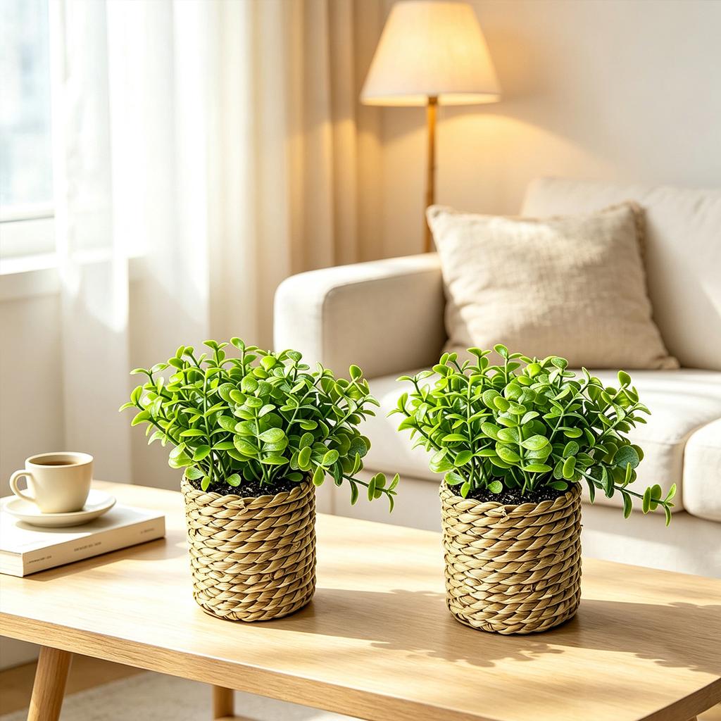 Mini Artificial Plants Potted Fake Green Plants with Grass Woven Pot Eucalyptus for Home Office Desk Living Room Bedroom Decor