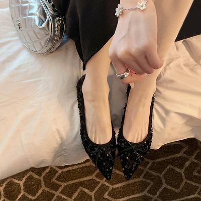 Вариант из овчины~ Изящные сверкающие пайетки с маленьким острым носком, легкая мягкая подошва с бантом, женские осенние кожаные туфли на плоской подошве