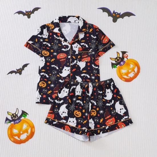 Комплект женской пижамы на Хэллоуин с принтом призрака и тыквы, рубашки с коротким рукавом на пуговицах и шорты, комплект одежды для сна из 2 предметов, домашняя одежда, короткий комплект пижамы
