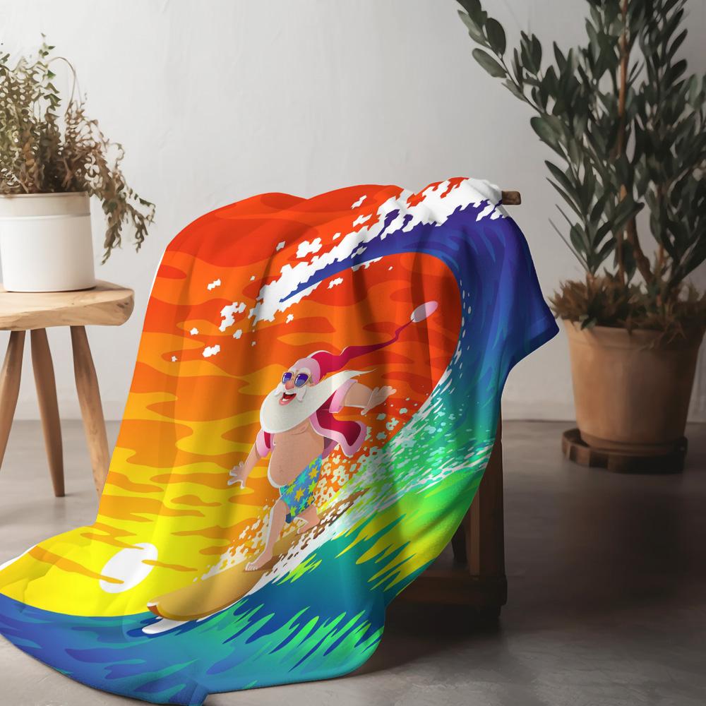 Santa Claus Surfing Beach Blanket Throw Coastal Home Decor Festive Holiday Gift Tropical Ocean Vibes Vacation Summer Vibes Cozy