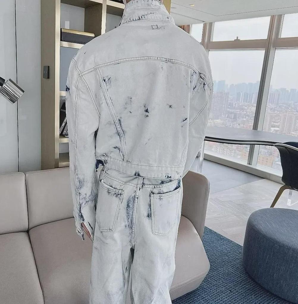 Men's Retro Tie-Dye Casual Suit: Loose Denim Jacket & Wide-Leg Trousers