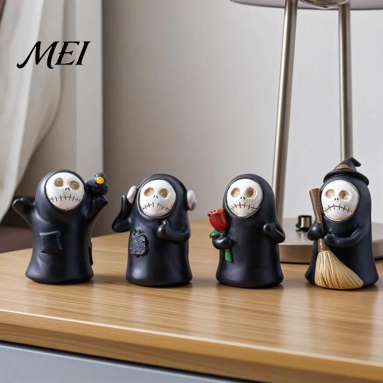 Cute Dark Aesthetic Room Accessories Halloween Ghost Figurine, Spooky Black Robe Statue, Party Table Centerpieces Skull Resin Ornament for Home