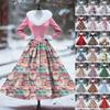 Women's Casual Dress Long-Sleeve V-Neck Patchwork Fleece Christmas Print Dress