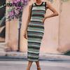 Женское летнее новое облегающее джемпер в стиле пэчворк, модное полосатое трикотажное длинное платье