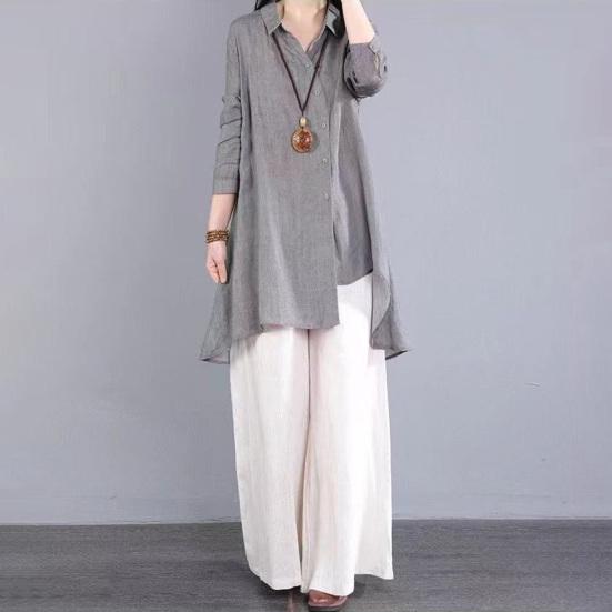 Women Shirt Lapel Long Sleeve Single Breasted Shirt Tops Irregular Hem Solid Color Mid-length Leisure Shirt