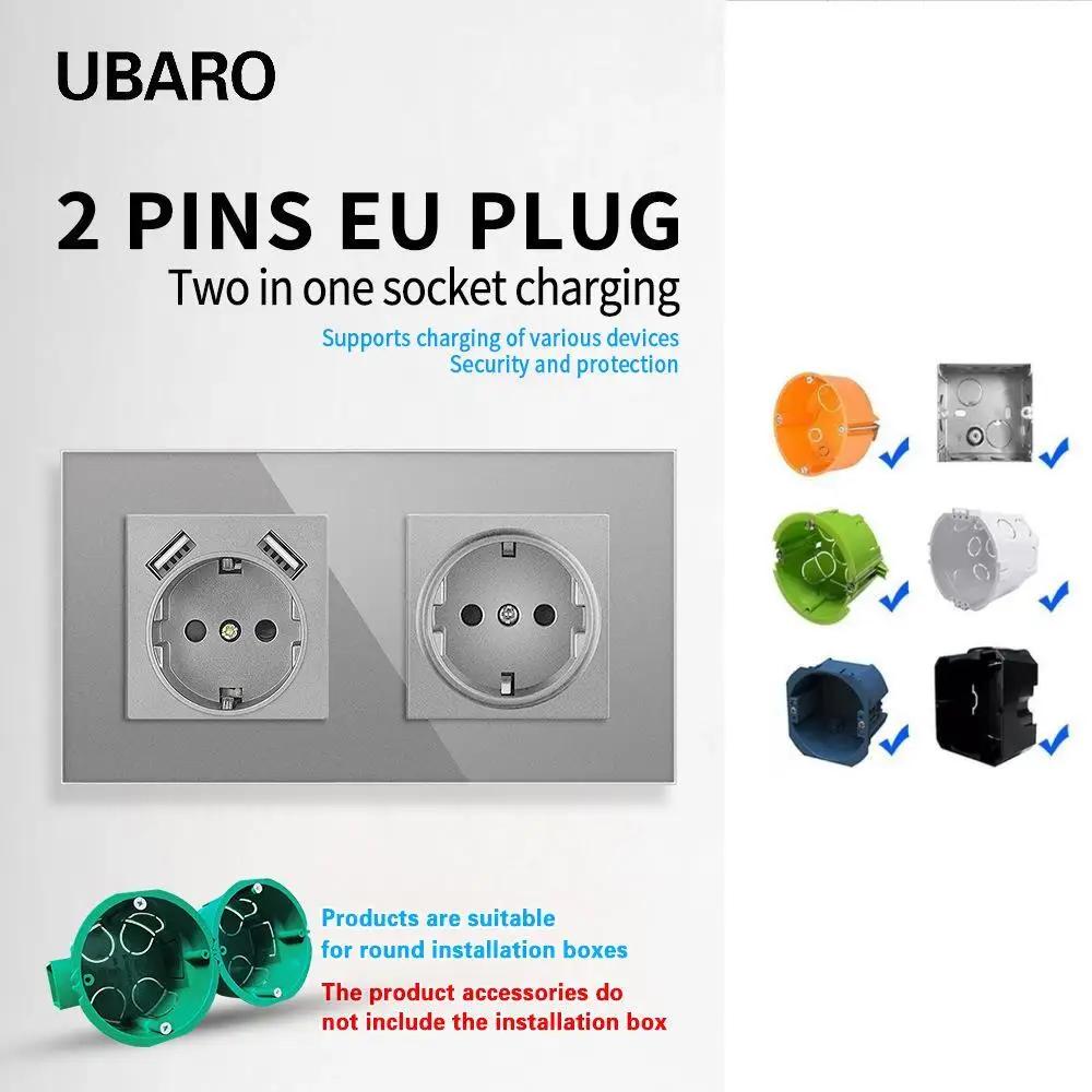 Сенсорный выключатель света из серого закаленного стекла европейского стандарта с разъемом USB C, настенный выключатель 220 В вкл./выкл., круглая нижняя коробка с двумя розетками