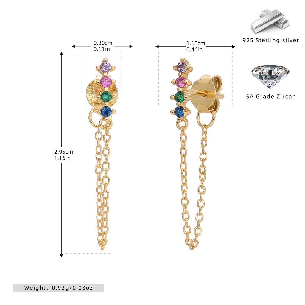 NEW Fashion Jewelry S925 Sterling Silver Long Tassel Chain Colour Small Zircon Gold Plated Stud Earring Jewelry for Women