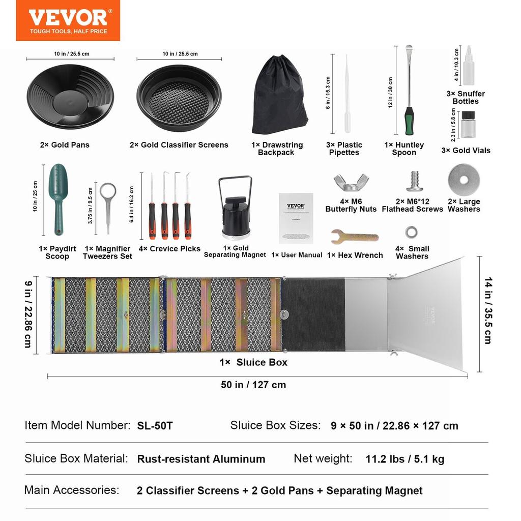 Gold Panning Kit With Sluice Box, 50" Aluminum Gold Mining Equipment, 23 PCS Gold Prospecting Kit with Gold Pan, Classifier Screen, Separating Magnet,