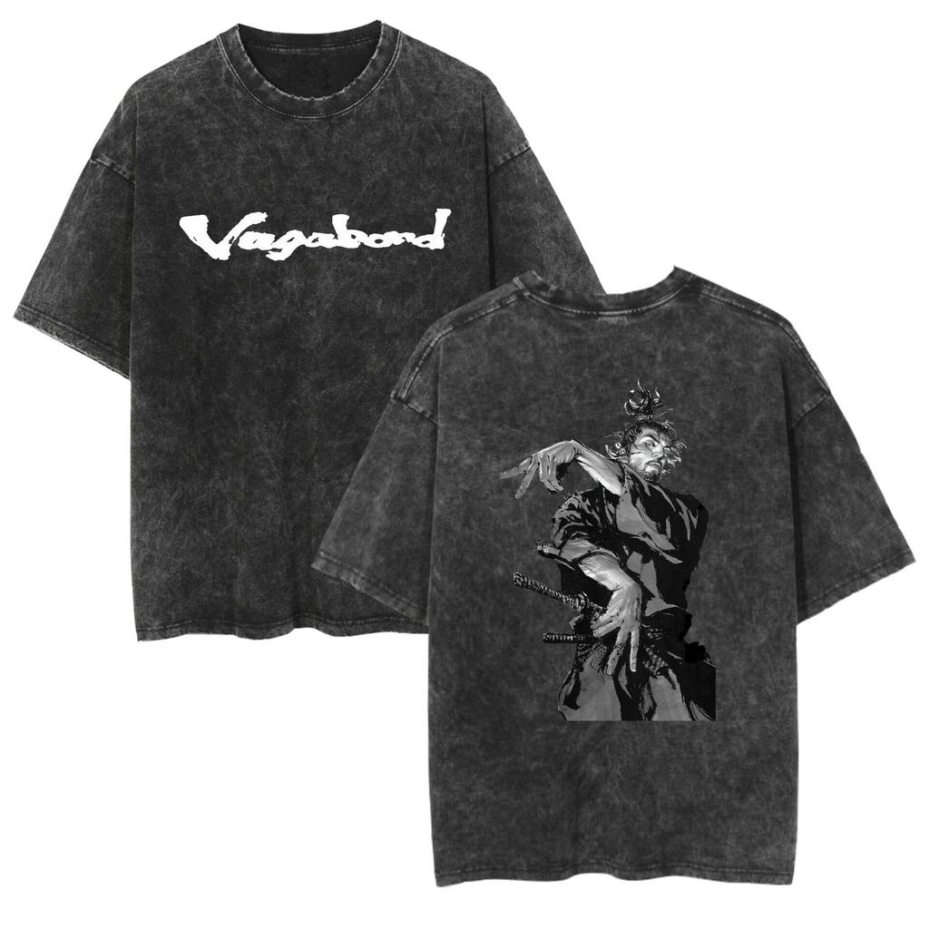 Rare Wash T-shirt Anime Vagabond Miyamoto Musashi Casual Cotton Summer Short Sleeve Men and Women Pure Cotton Wide