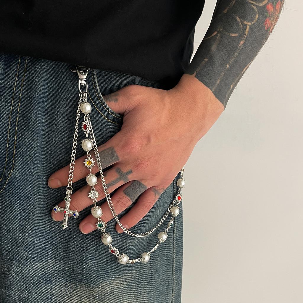 Design Imitation Pearl Flower Chain Trouser Chain, Hip-Hop Color Diamond-Encrusted Cross Waist Chain Pendant