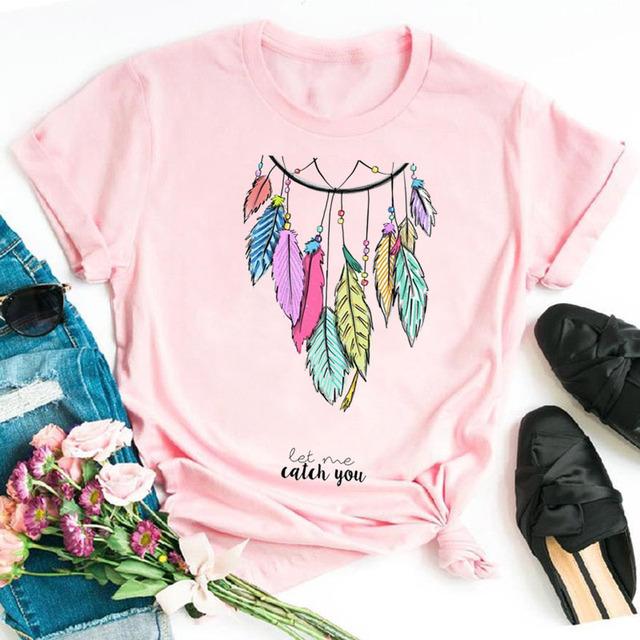 Harajuku женская футболка с принтом в виде перьев и цветов, женская новая черная футболка, женские милые графические футболки, женские повседневные топы, футболка